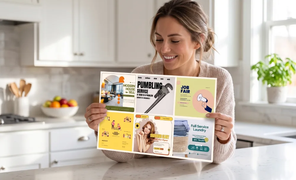 A homeowner reading the Think X Design Print shared direct mail flyer in her kitchen — Canada Post Neighbourhood Mail in action